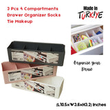 3 Pcs  4 Compartments Drawer Organizer Socks Tie Makeup (L10.5xW3.6xH3.2) Inches