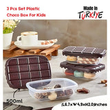 3 Pcs Set  Plastic Choco Box For Kids 500 ml (L6.7xW4.9xH2.0) Inches